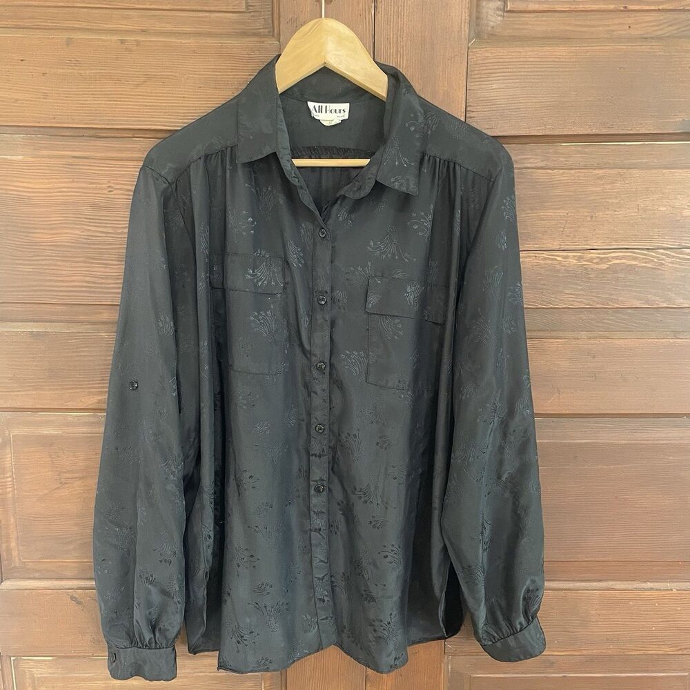 Black Long Sleeve Button Down Collard Floral Print Witchy Goth Grunge Blouse